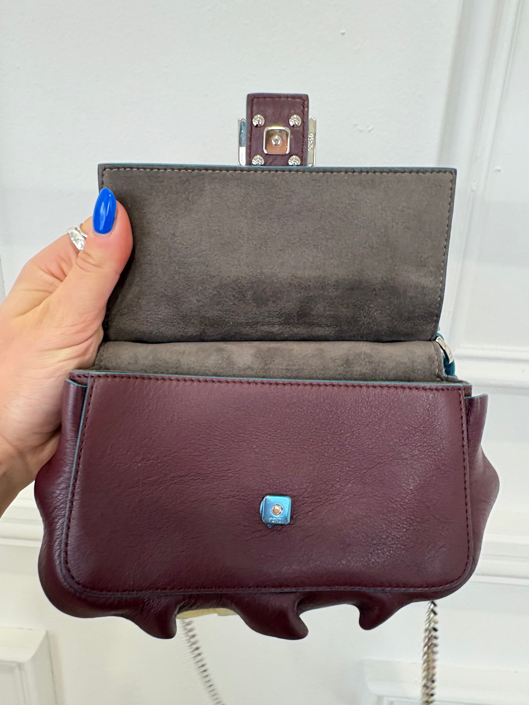 Fendi Blue and Burgundy Leather Double Sided Wave Baguette
