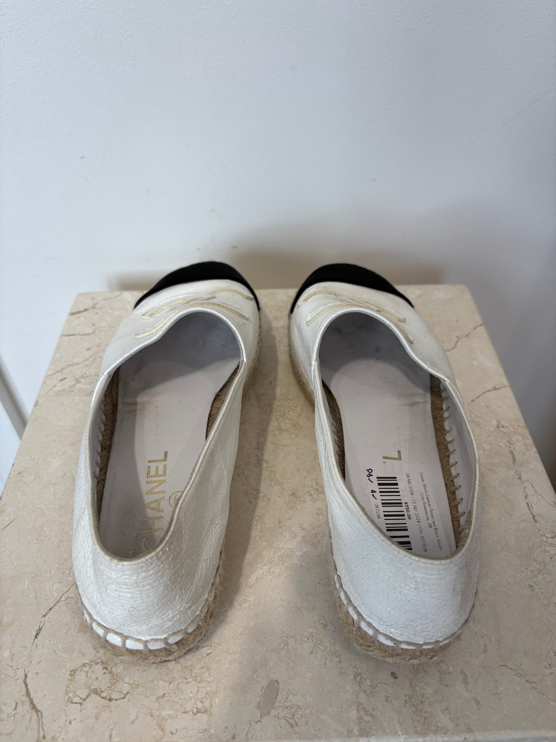 Chanel White Crinkled Patent and Black Velvet Logo Espadrilles, 38