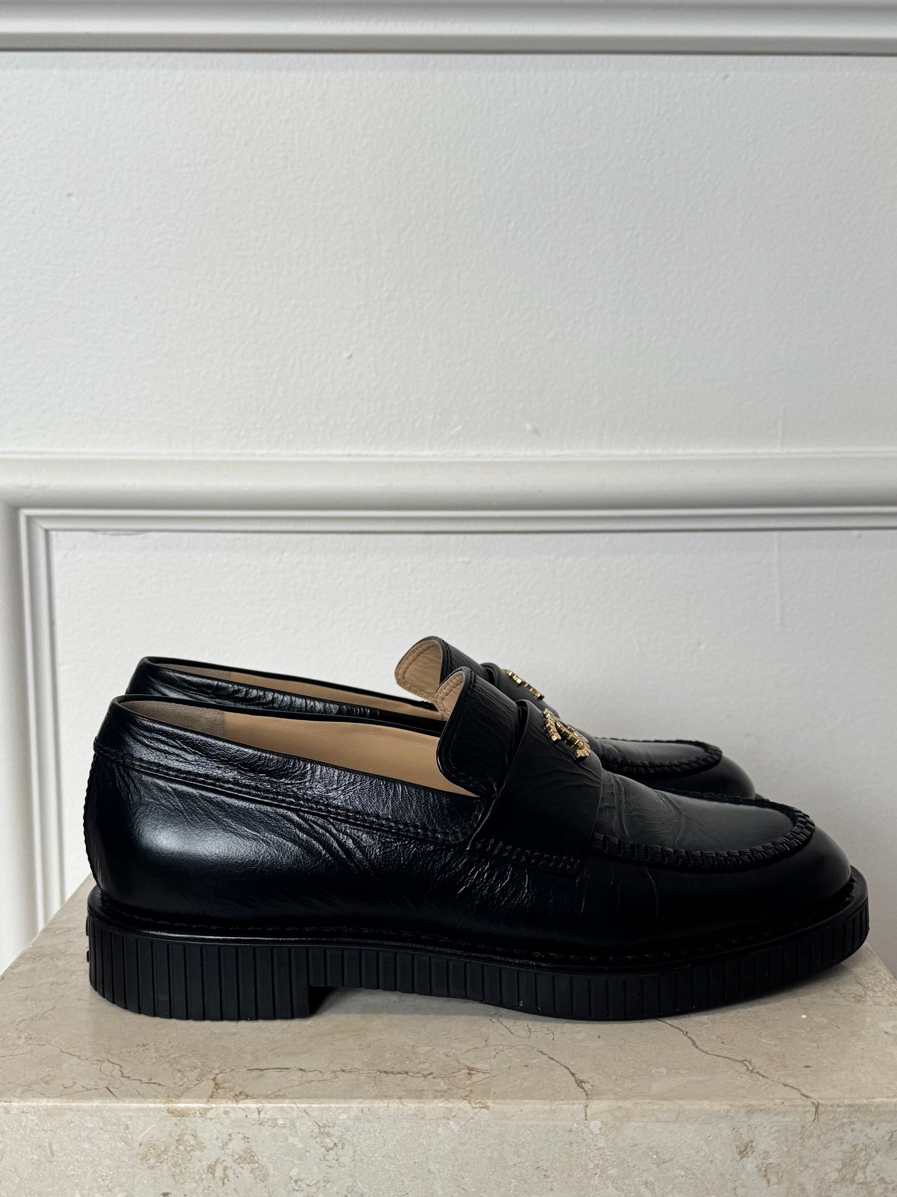 Chanel Black Leather CC Logo Loafer, 37.5C