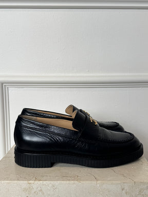 Chanel Black Leather CC Logo Loafer, 37.5C