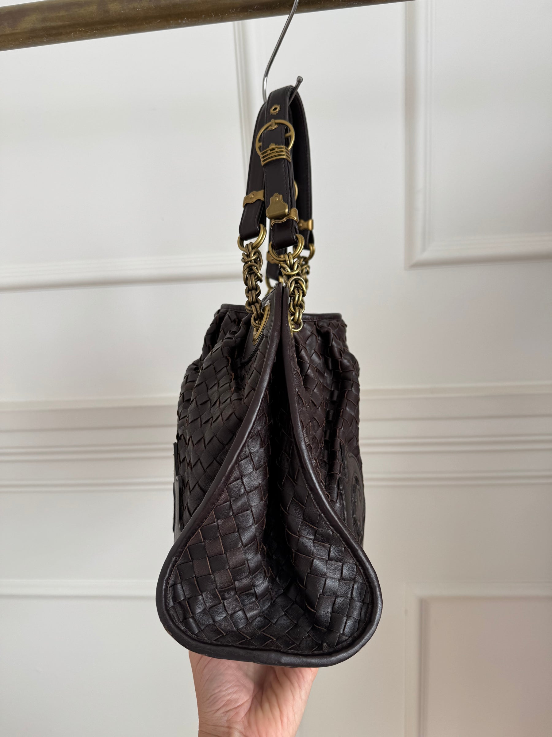 Bottega Veneta Brown Intrecciato Leather Chain Shoulder Bag with Leather Applique