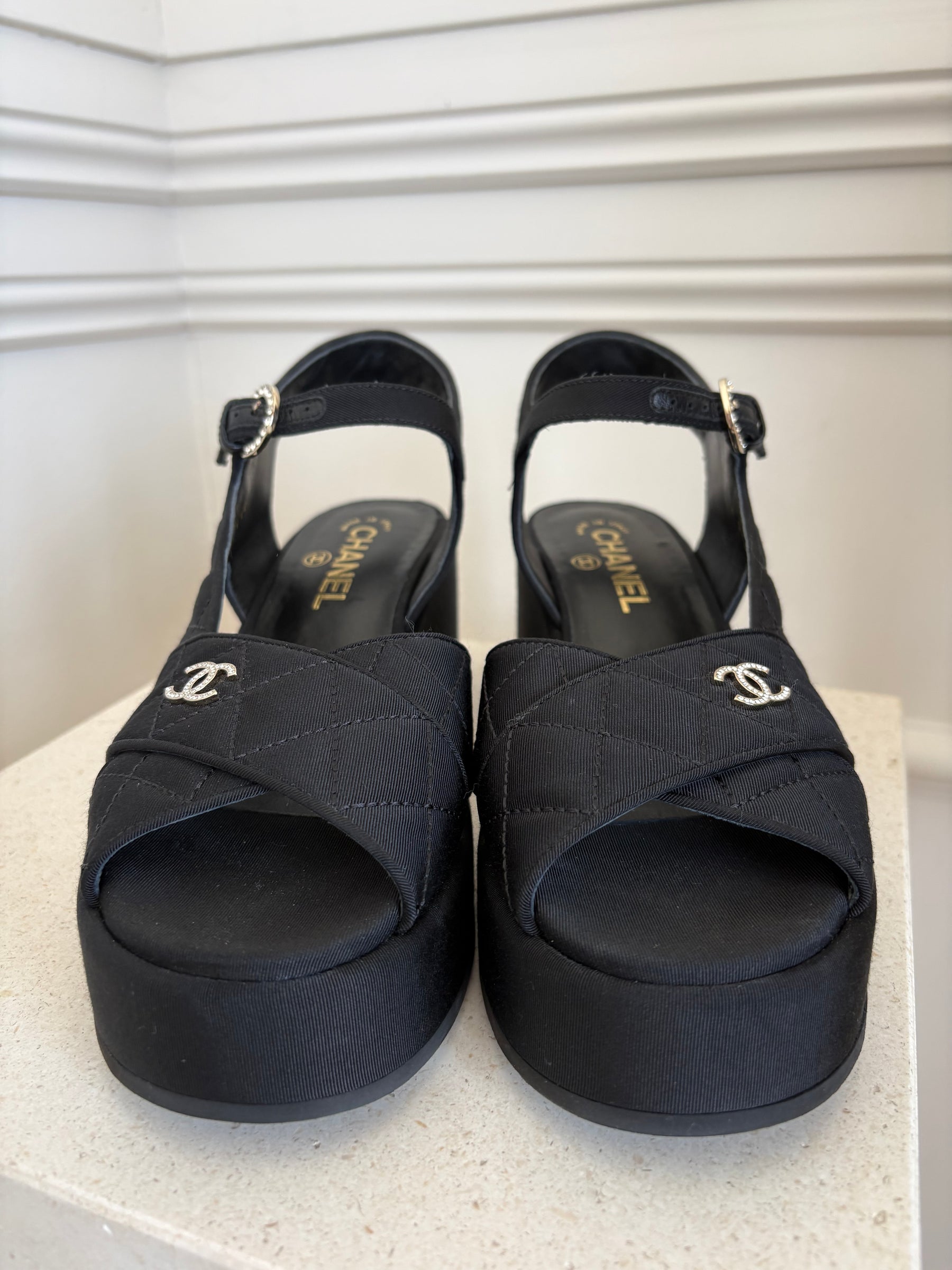 Chanel Black Grosgrain Quilted Wedge Sandal, 38.5 C
