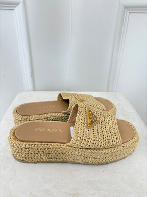 Prada Natural Crochet Platform slides, 36