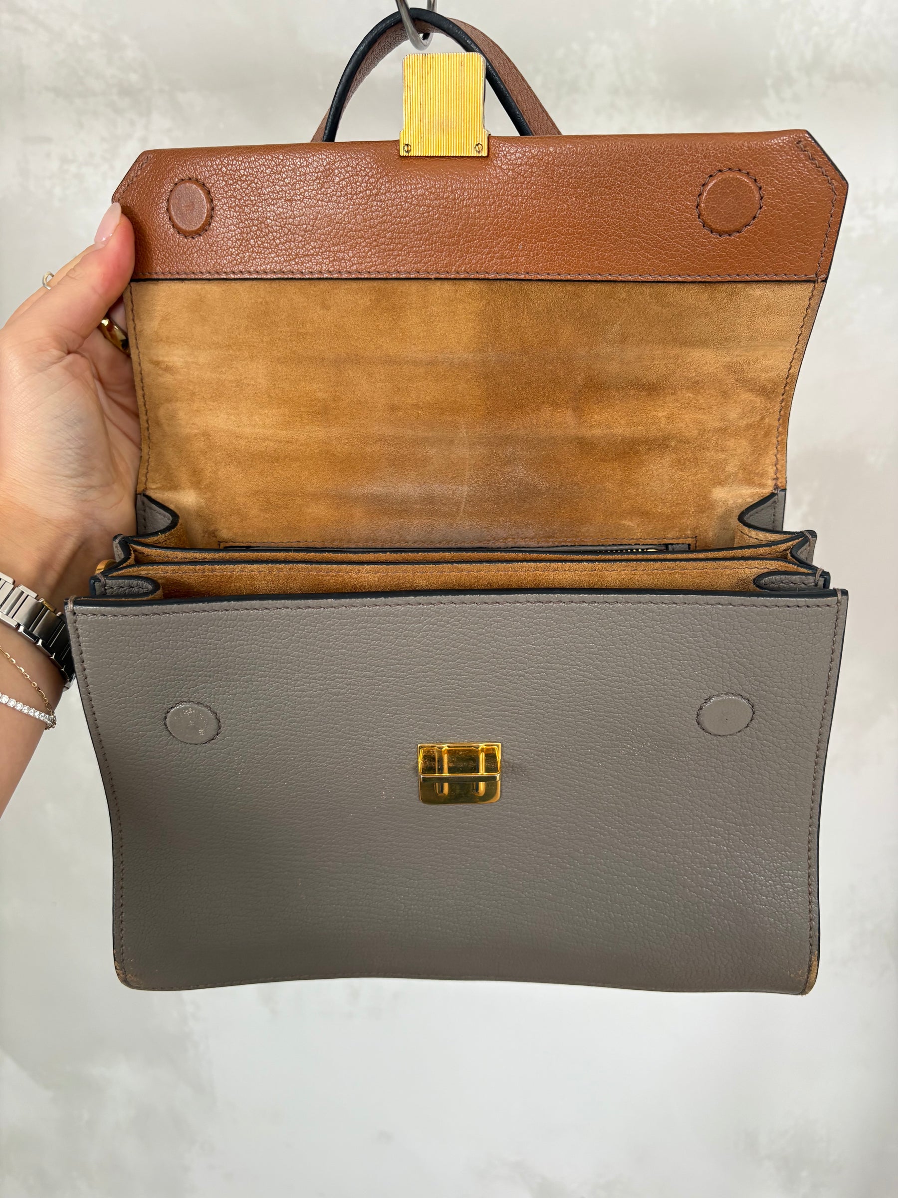 Miu Miu Madras Convertible Campartment Top Handle Bag Tan