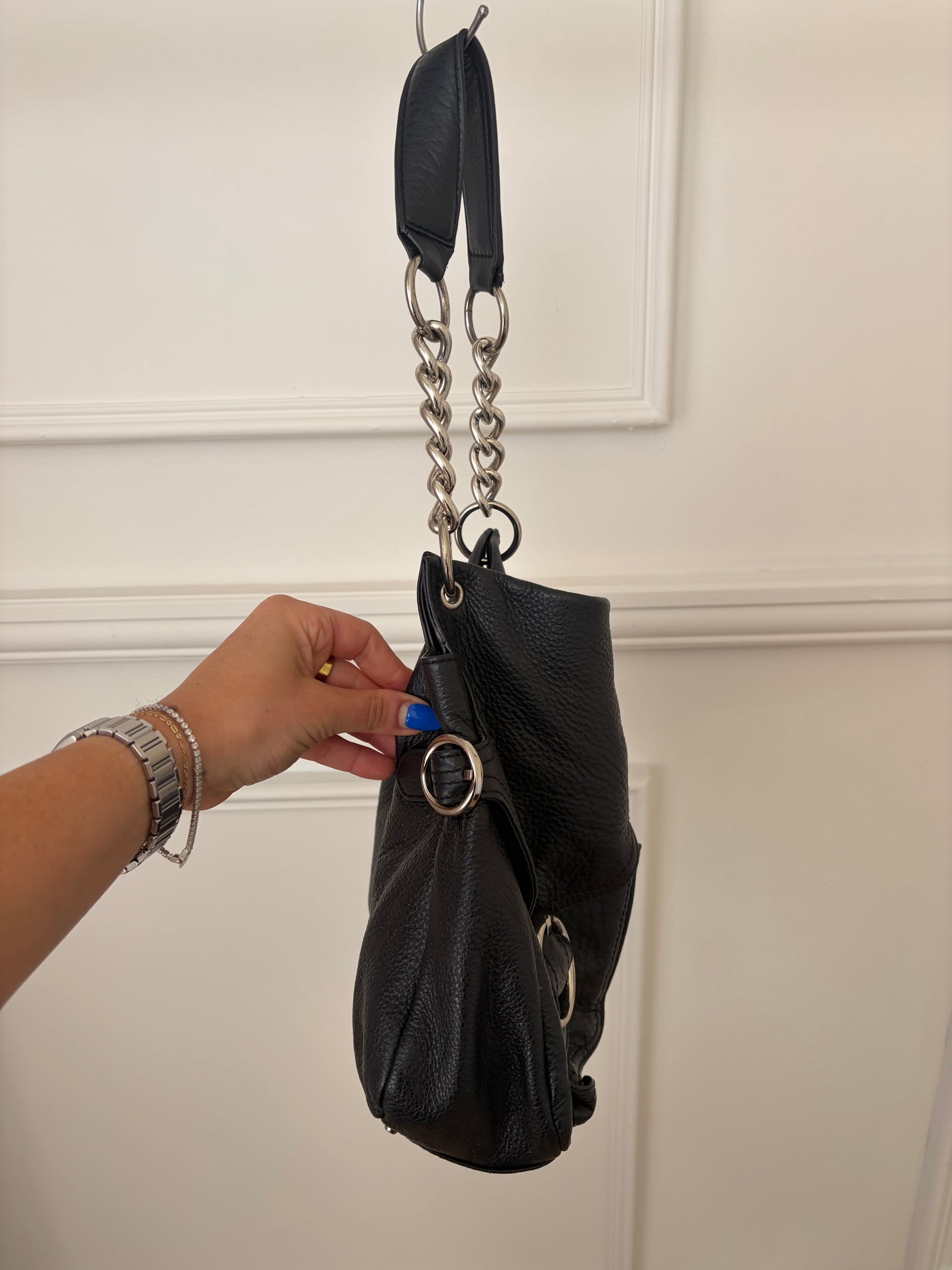 Oroton Black Leather Silver Hardware Hobo Bag