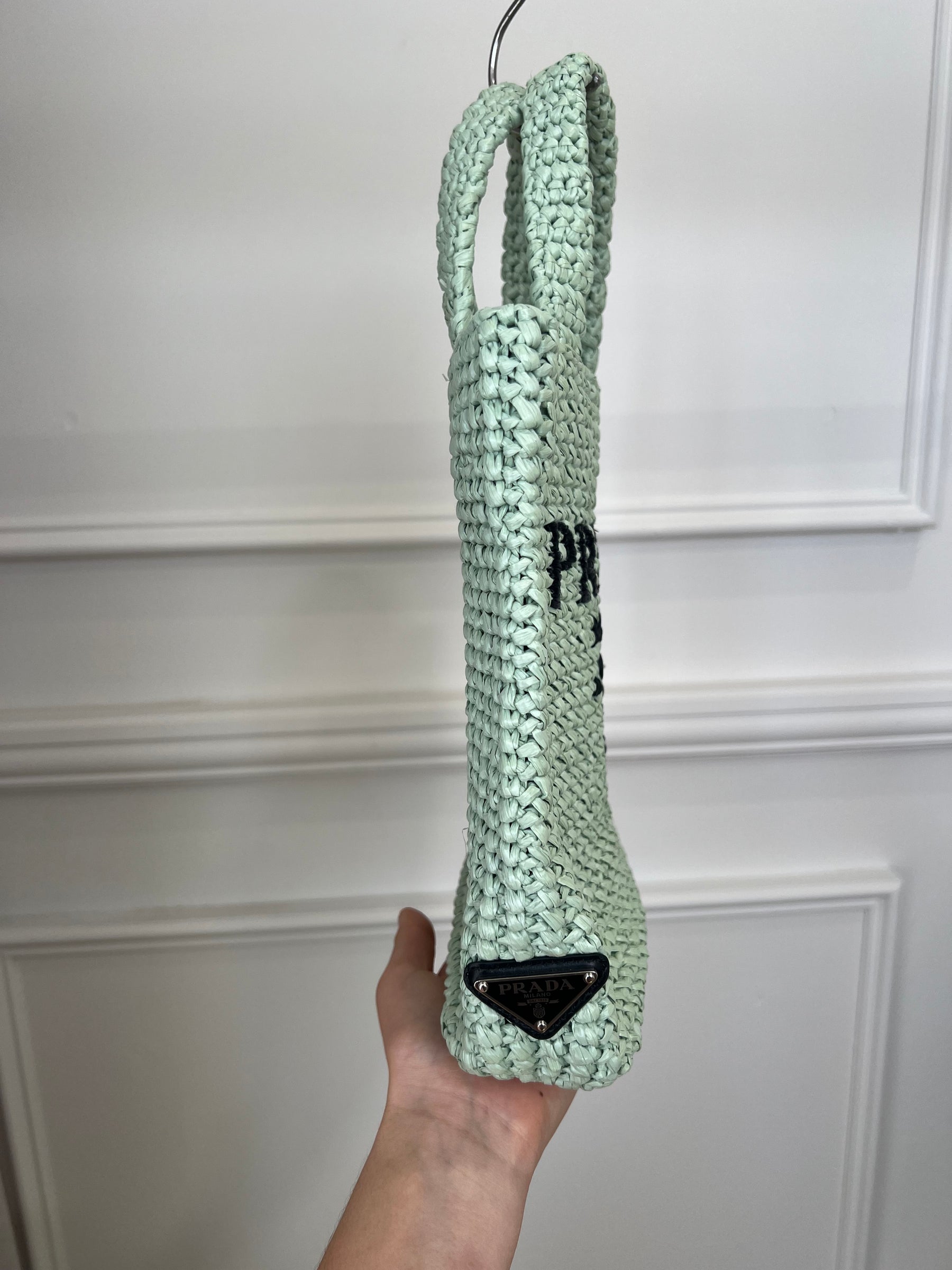 Prada Sage and Black Small Raffia Logo Tote