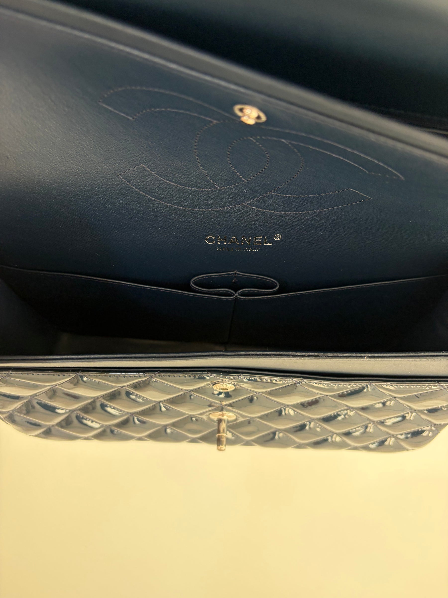 Chanel Navy Blue Patent Leather Jumbo Flap Bag