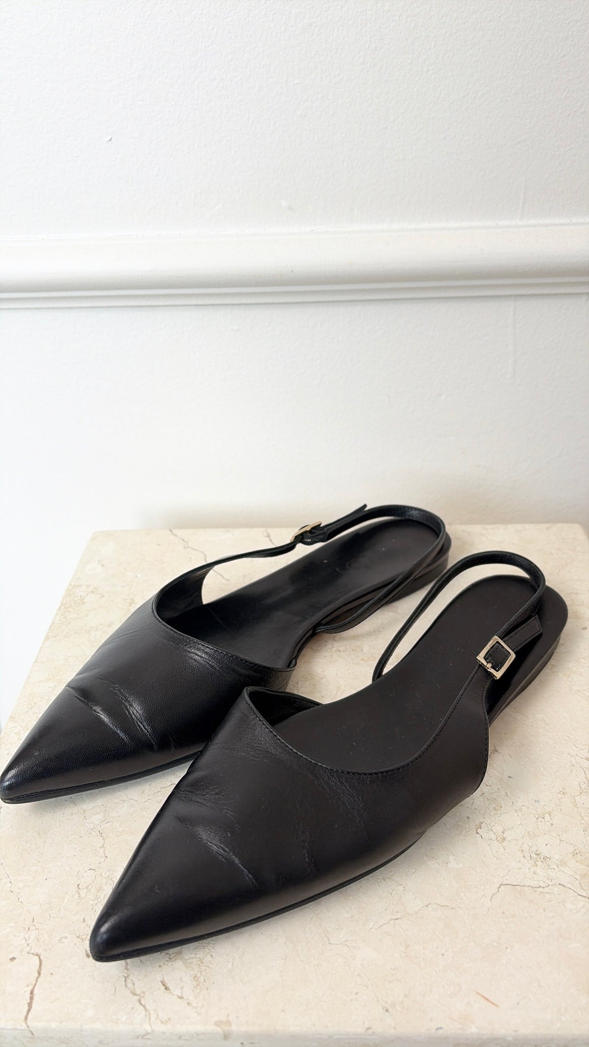 Tibi Black Pointed Slingback Flat, 37.5