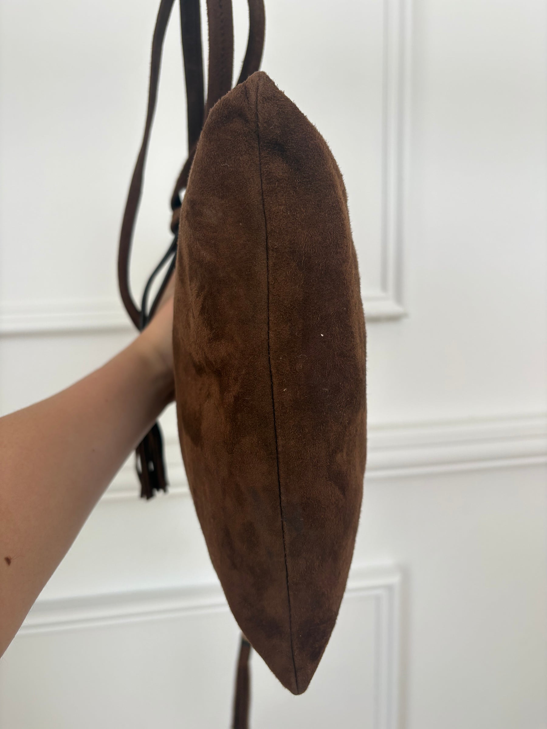 Miu Miu Suede Drawstring Bag In Chocolate