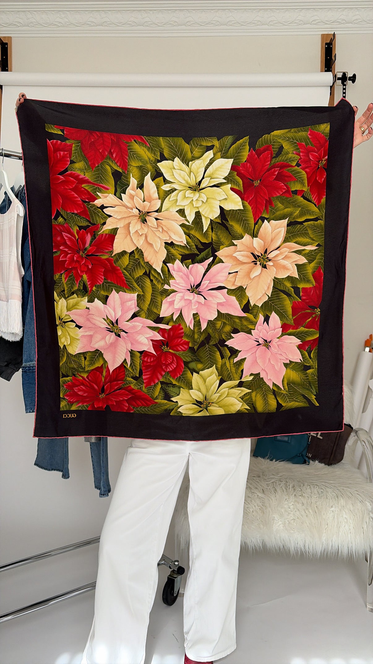 Gucci Black, Green and Pink Floral Printed Silk Scarf