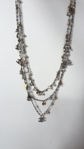 Chanel Silver and Gold Tone Three Strand Chain Pearl and Clover Necklace