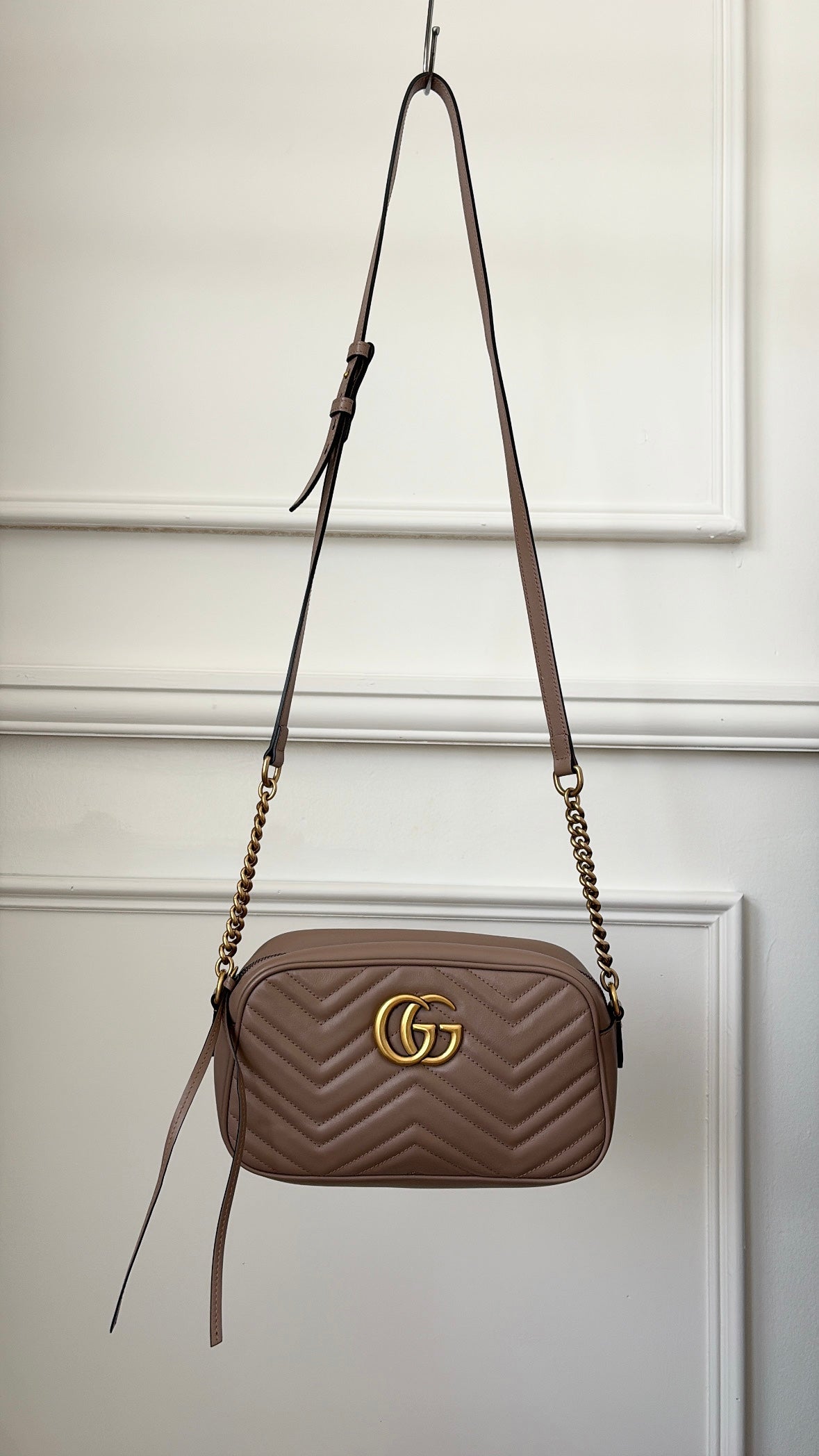 Gucci Dark Beige Chevron Quilted Marmont Camera Bag