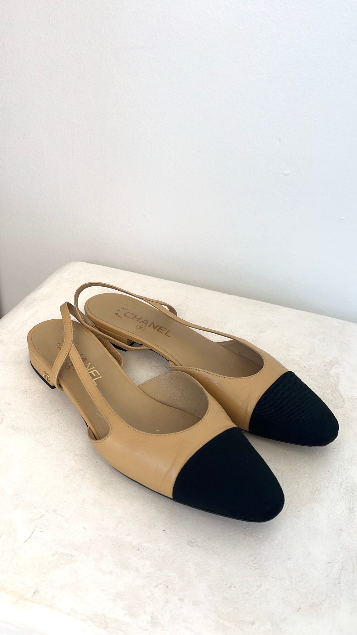 Chanel Beige and Black Ballet Flat Slingbacks, 40.5C