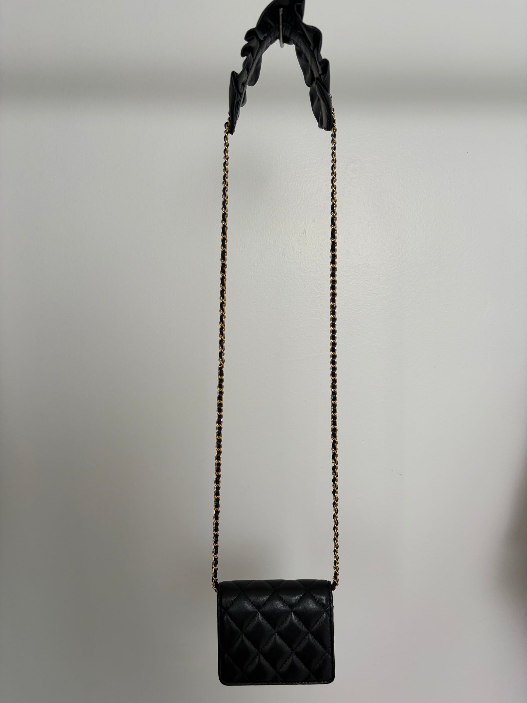 Chanel Black Leather Ruffle Shoulder Crossbody Card Case