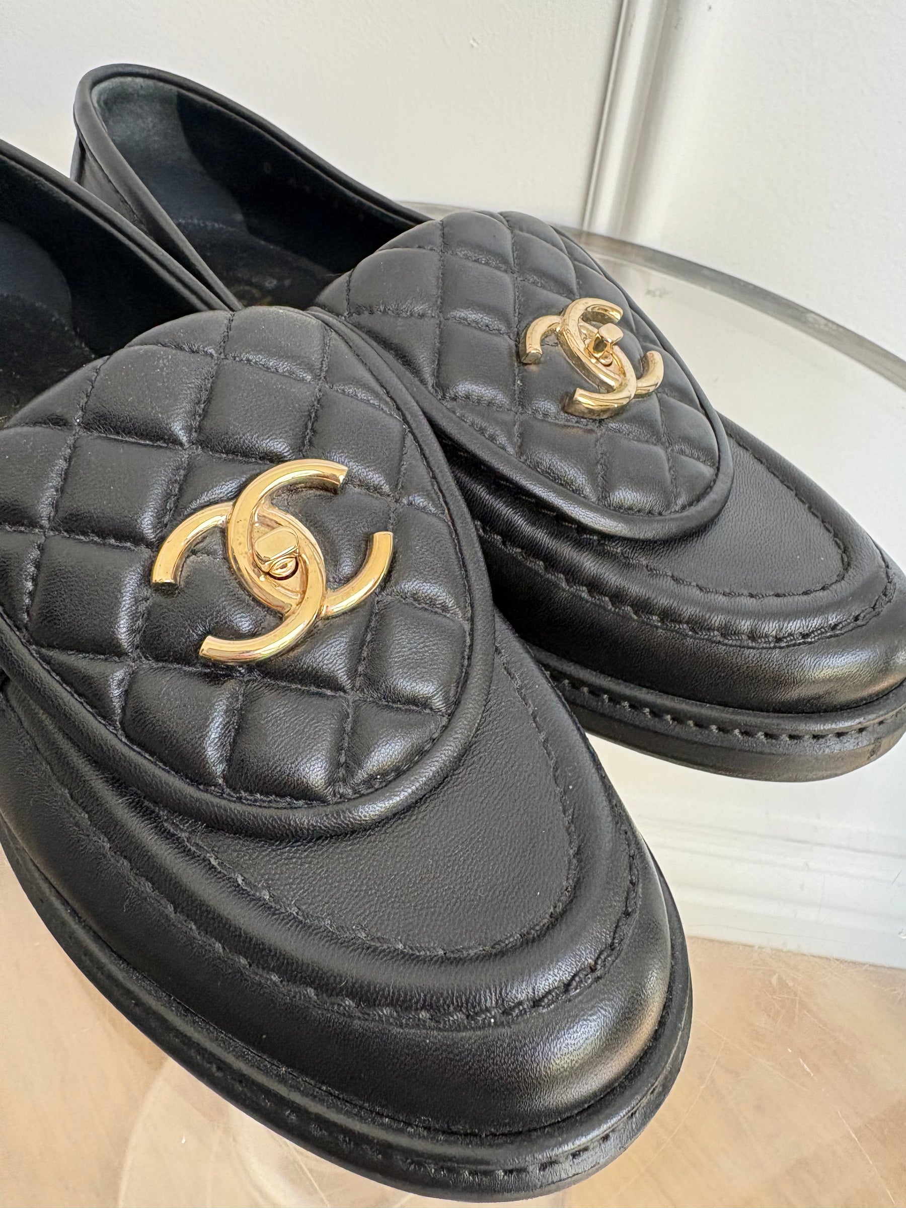 Chanel Black Quilted Leather Turnlock Loafers, 36.5