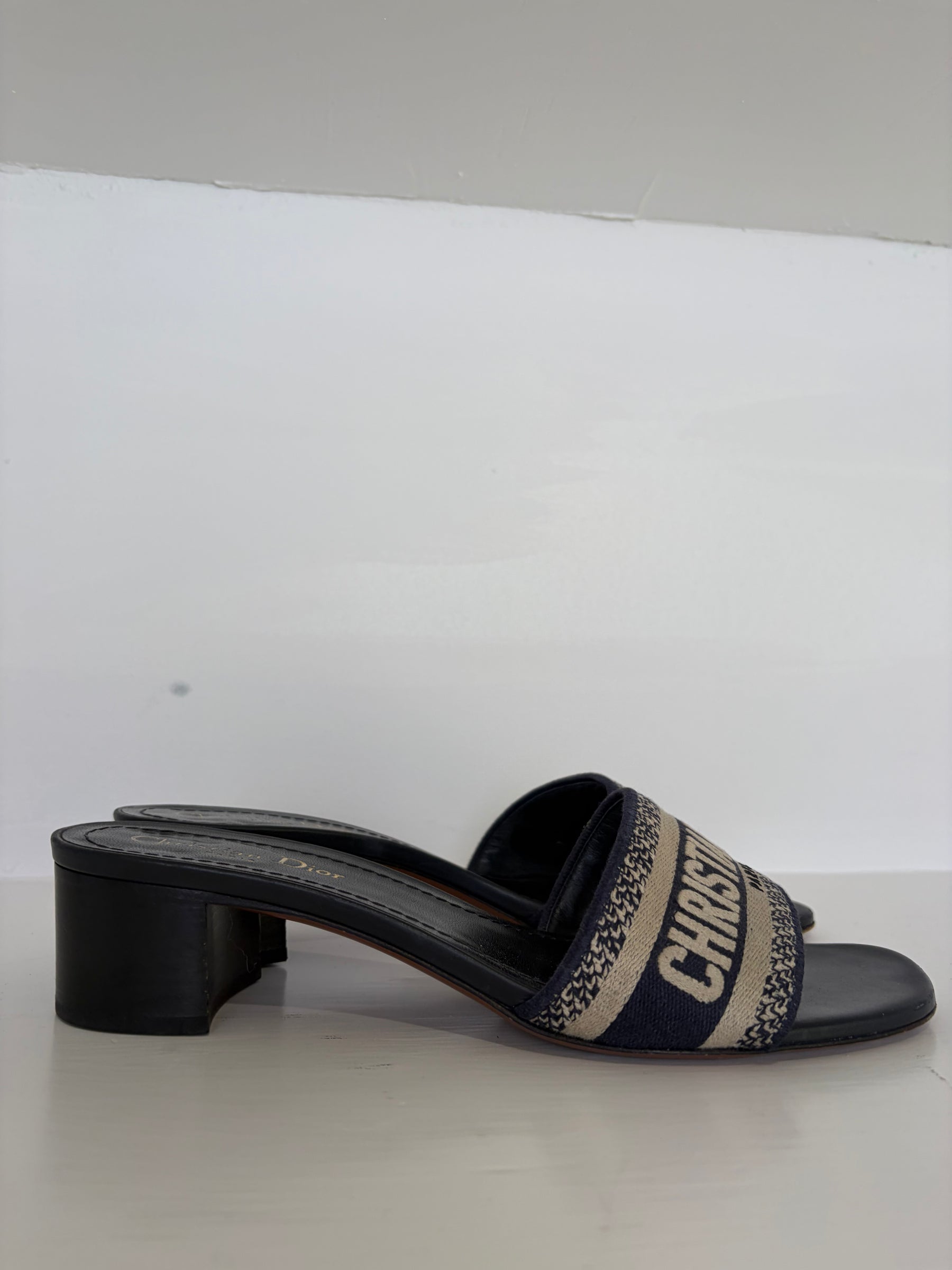 Dior Navy and Beige Canvas Logo Heeled Mules, 39.5