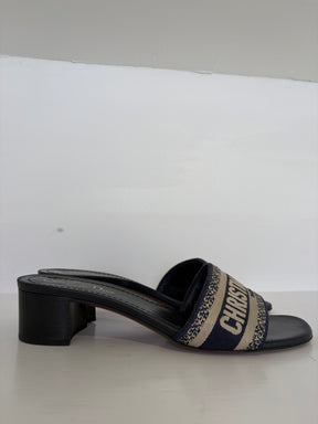 Dior Navy and Beige Canvas Logo Heeled Mules, 39.5