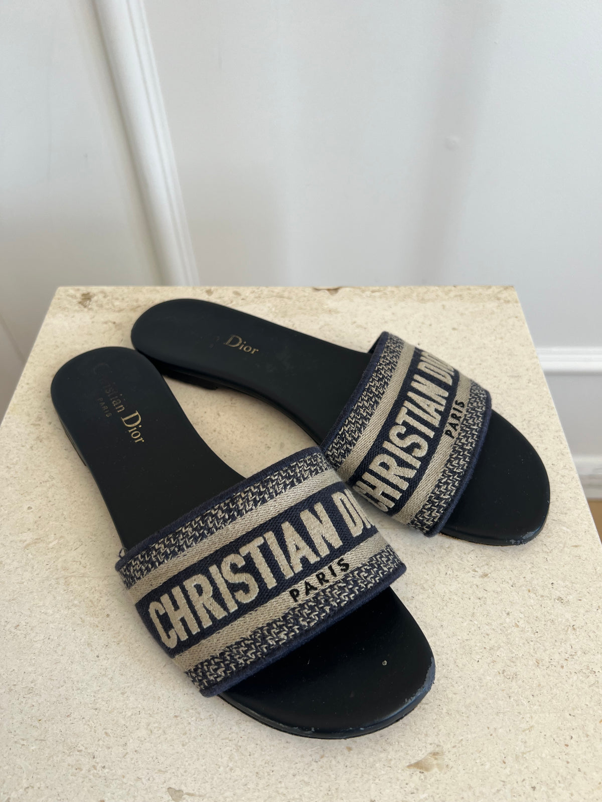 Dior Navy Logo D Way Slides, 37.5