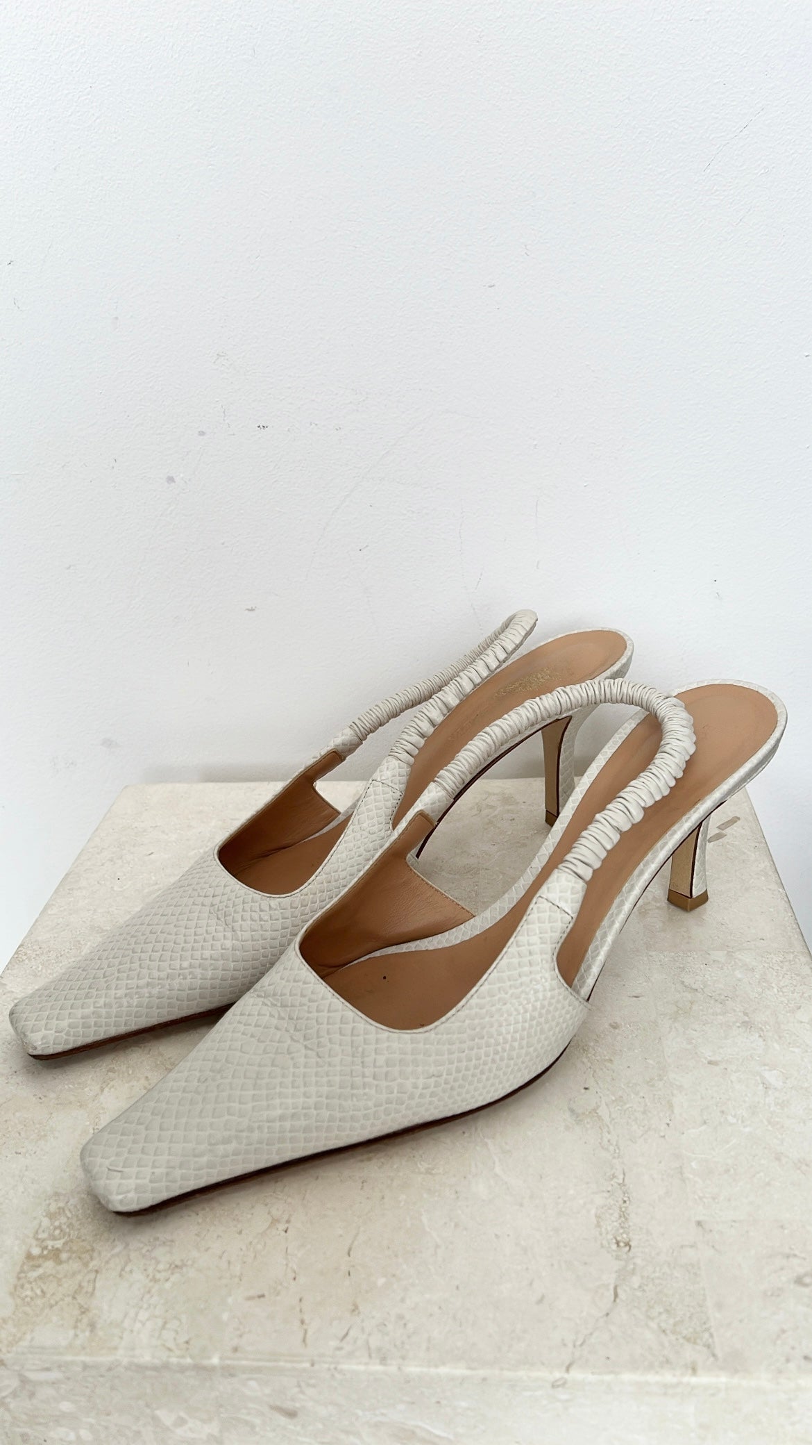 Bottega Veneta Cream Reptile Embossed Slingback Heels, 39
