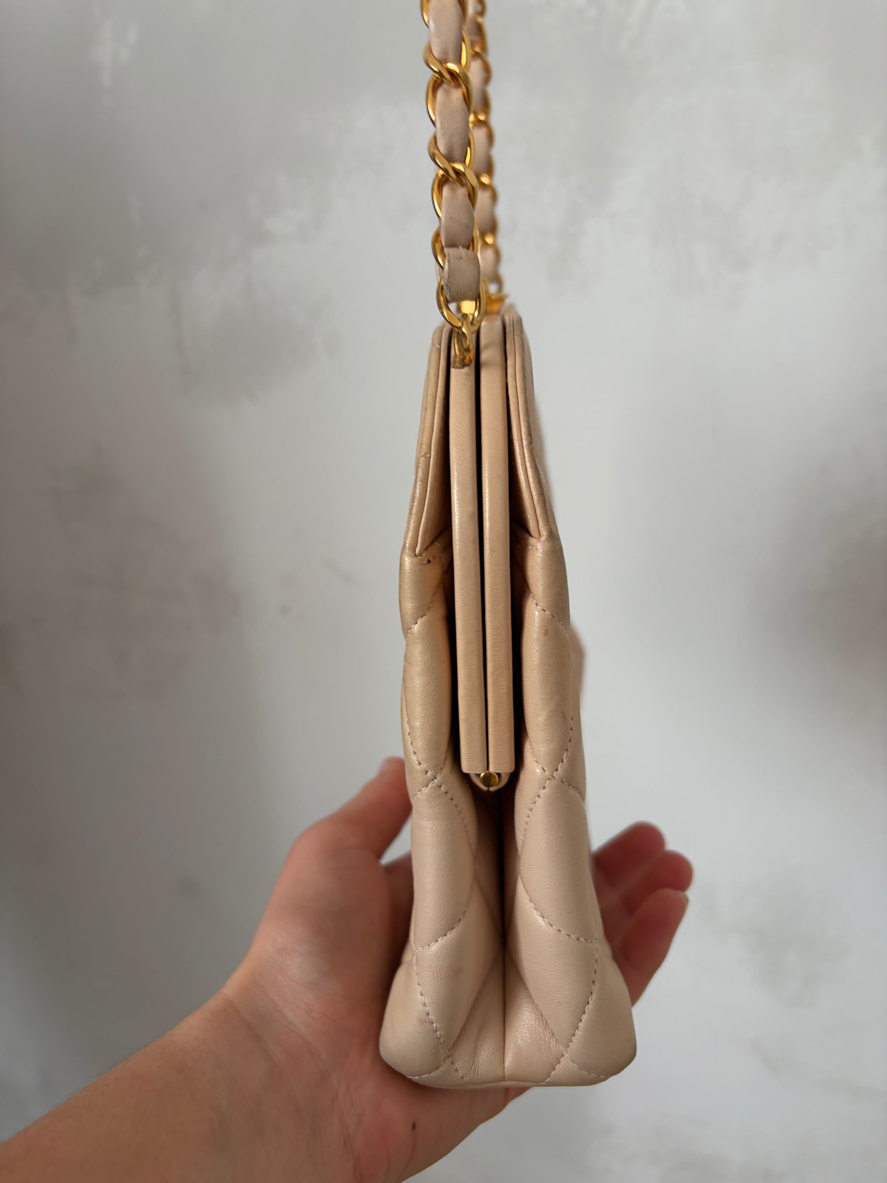 Chanel Beige Lambskin Leather Kisslock Dome Shoulder Bag