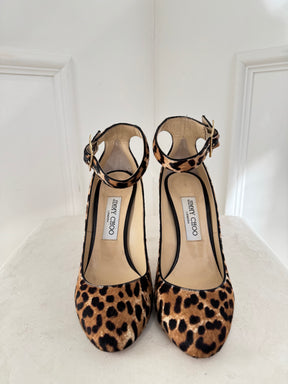 Jimmy Choo Helena Leopard Print Pony Hair Ankle Strap Heels, 38