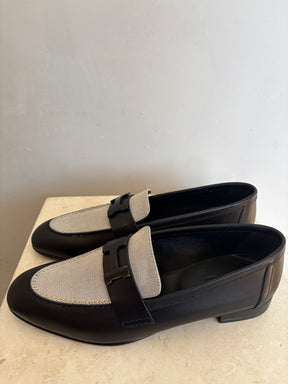 Hermès Calfskin And Canvas Paris Loafers Black Grey, 38