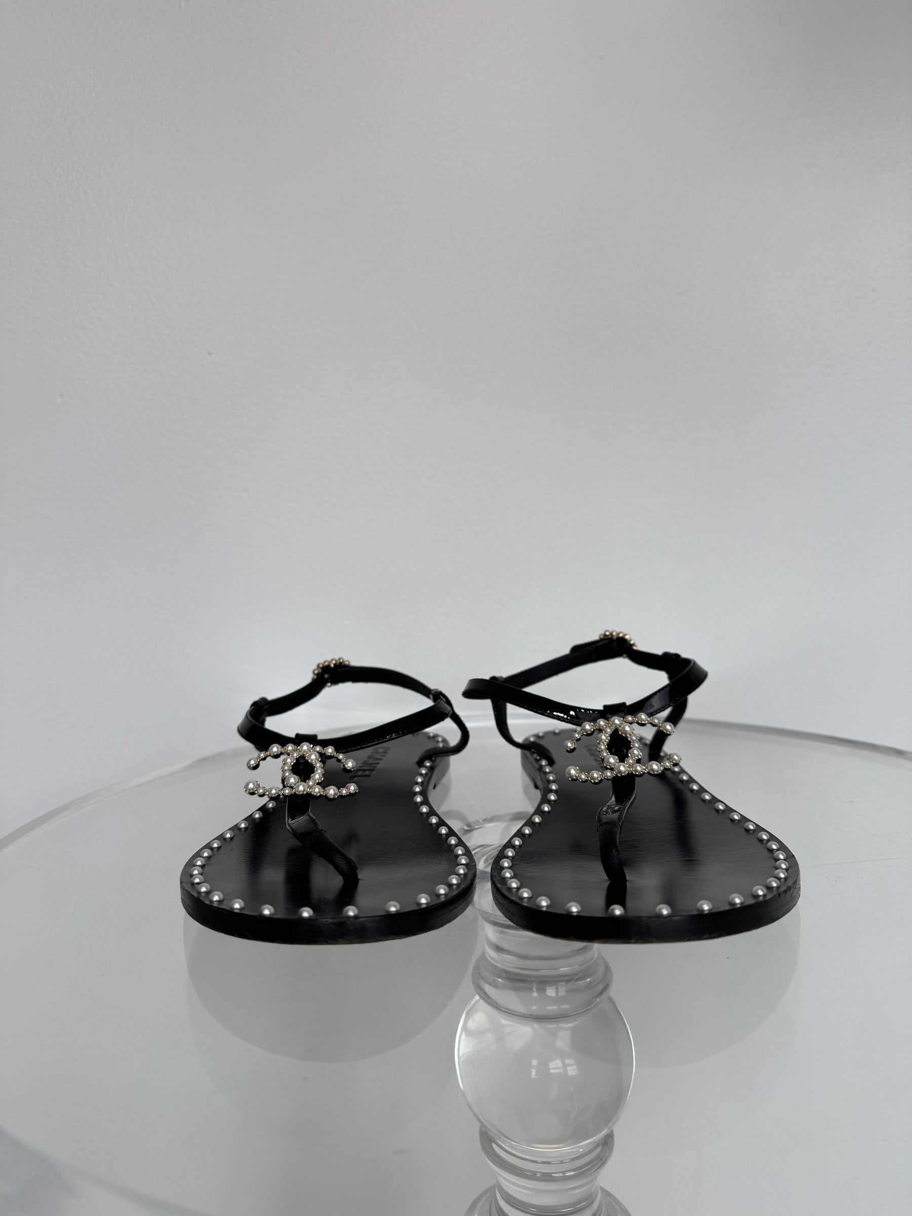 Chanel Black Leather Pearl Embellised Sandals, 38.5C