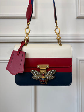 Gucci Red, White and Navy Leather Embellished Bee Shoulder Bag