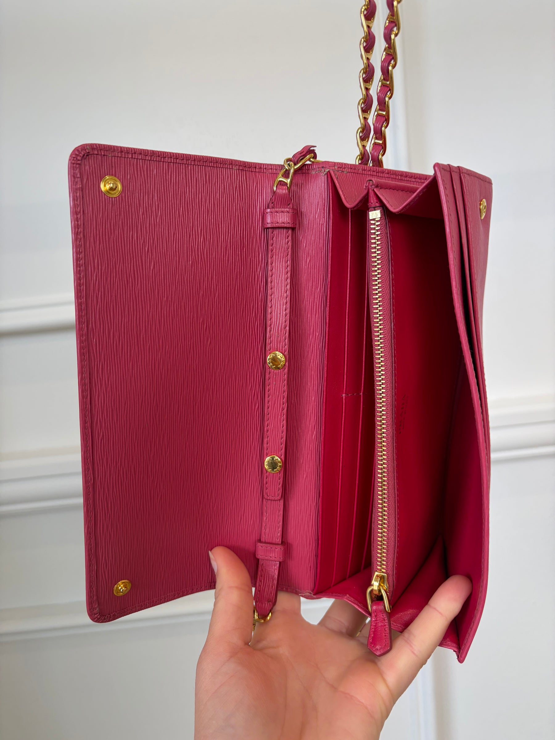 Prada Pink Grained Leather Wallet on Chain