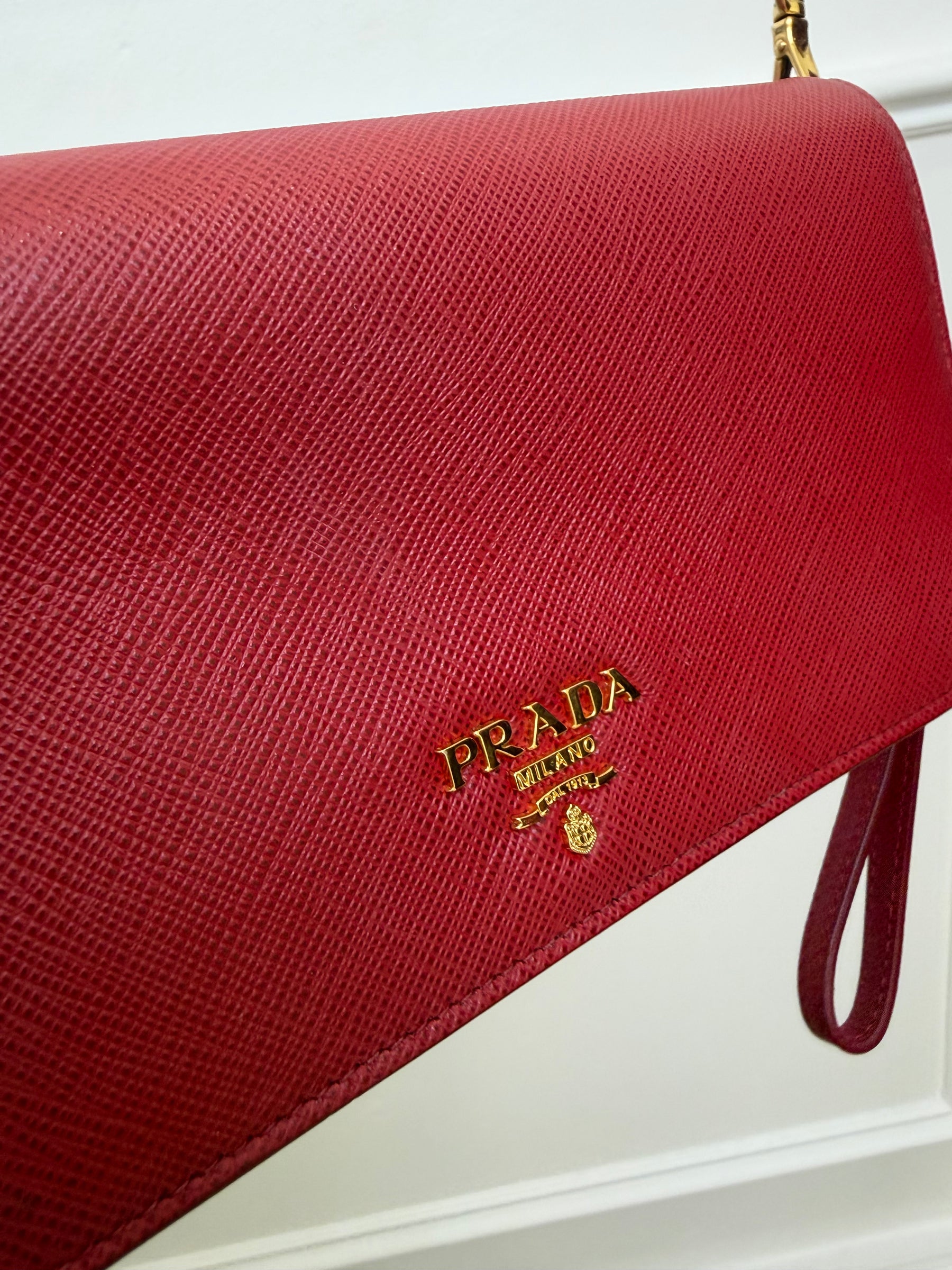 Prada Red Saffiano Leather Wallet on Chain
