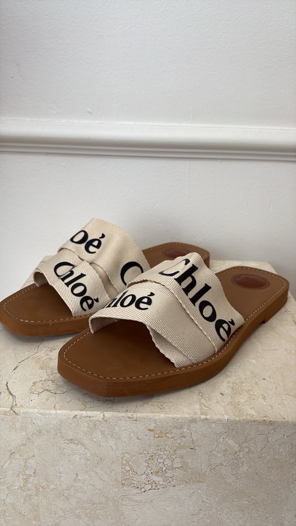 Chloé Cream Canvas Logo Woody Slides, 42