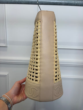 Chanel Beige Leather Raffia Logo Tote Bag