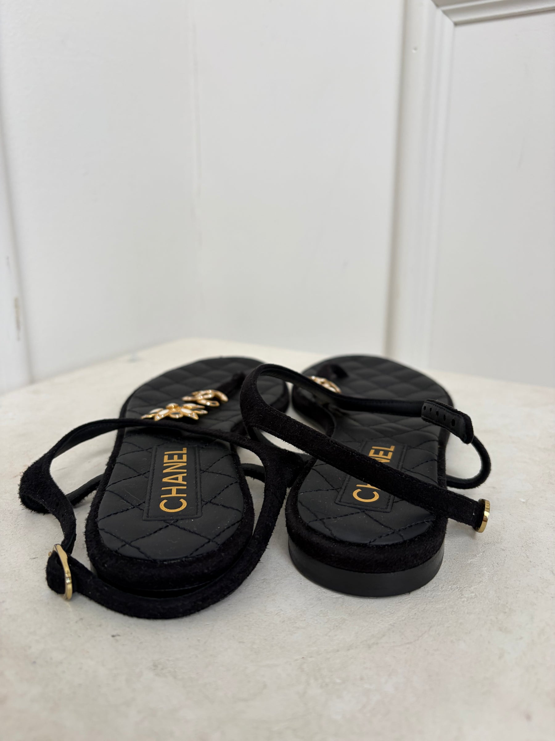 Chanel Black Suede Floral CC T Bar Sandals, 38.5