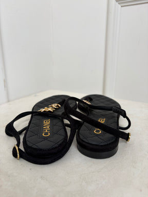 Chanel Black Suede Floral CC T Bar Sandals, 38.5
