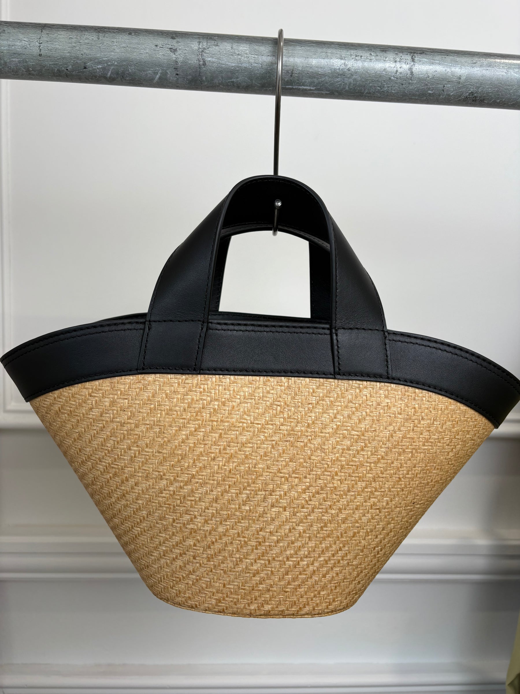 Scanlan Theodore Black Leather and Raffia Mini Trapeze Bag