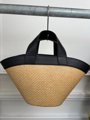 Scanlan Theodore Black Leather and Raffia Mini Trapeze Bag