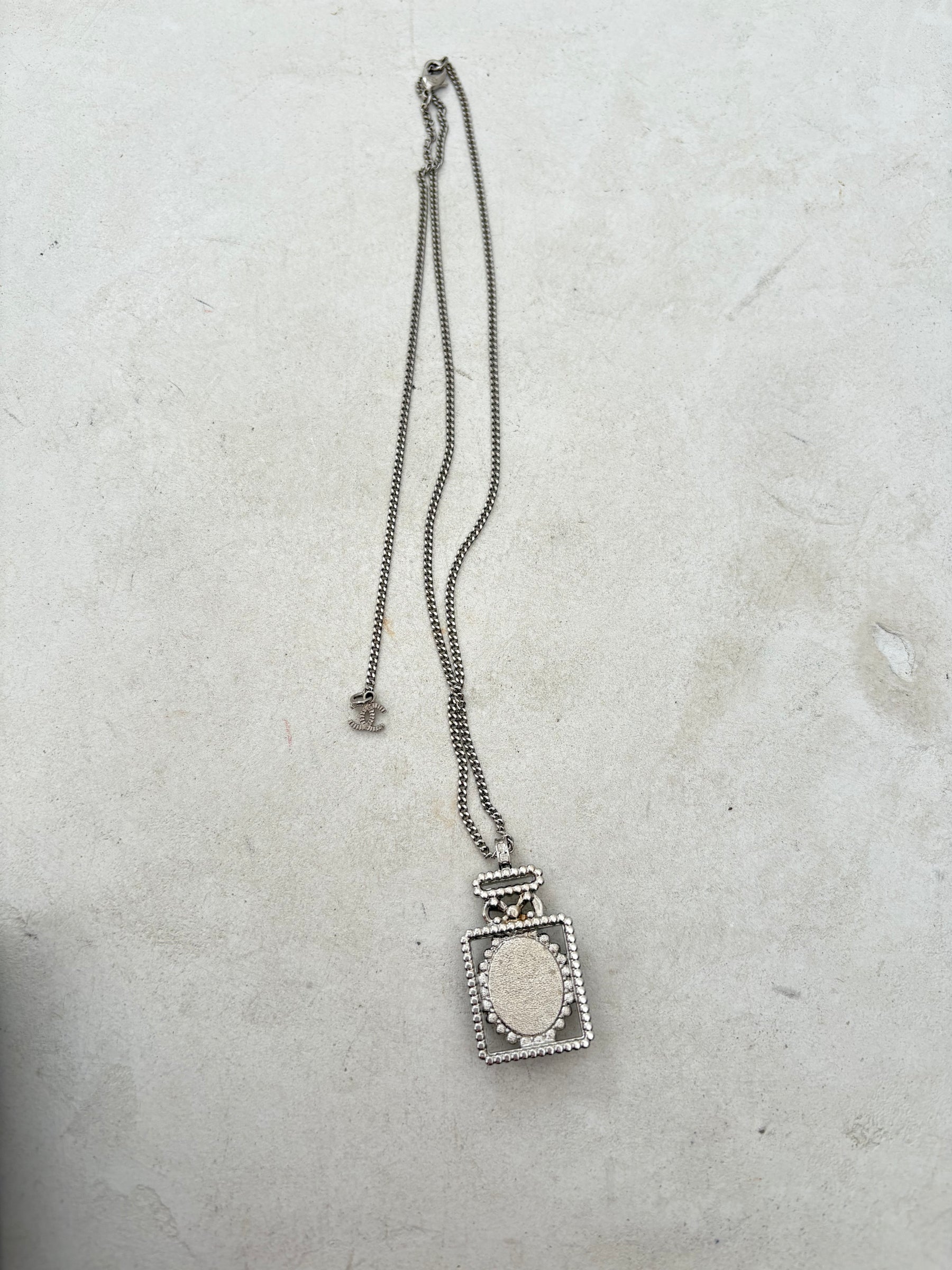 Chanel Silver Crystal Logo Perfume Bottle Necklace