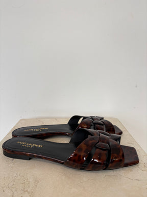 YSL Tribute Slip-On Sandals In Tortoise Shell, 38.5