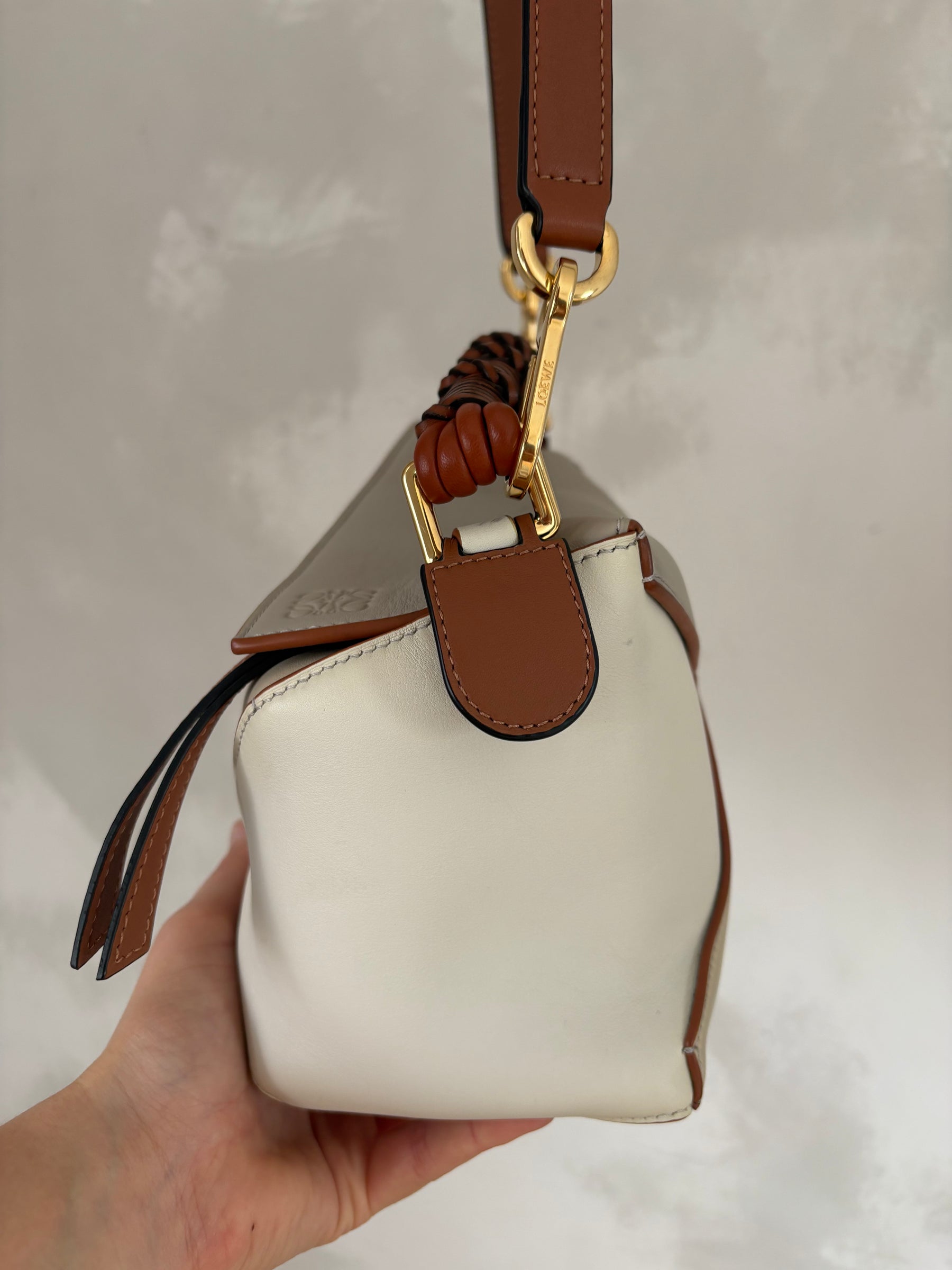 Loewe Cream, Grey and Tan Leather Puzzle Edge Medium Bag with Braided Handle