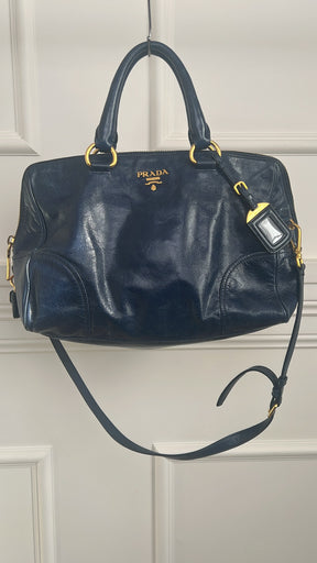 Prada Blue Crinkled Leather Zipped Tote Bag