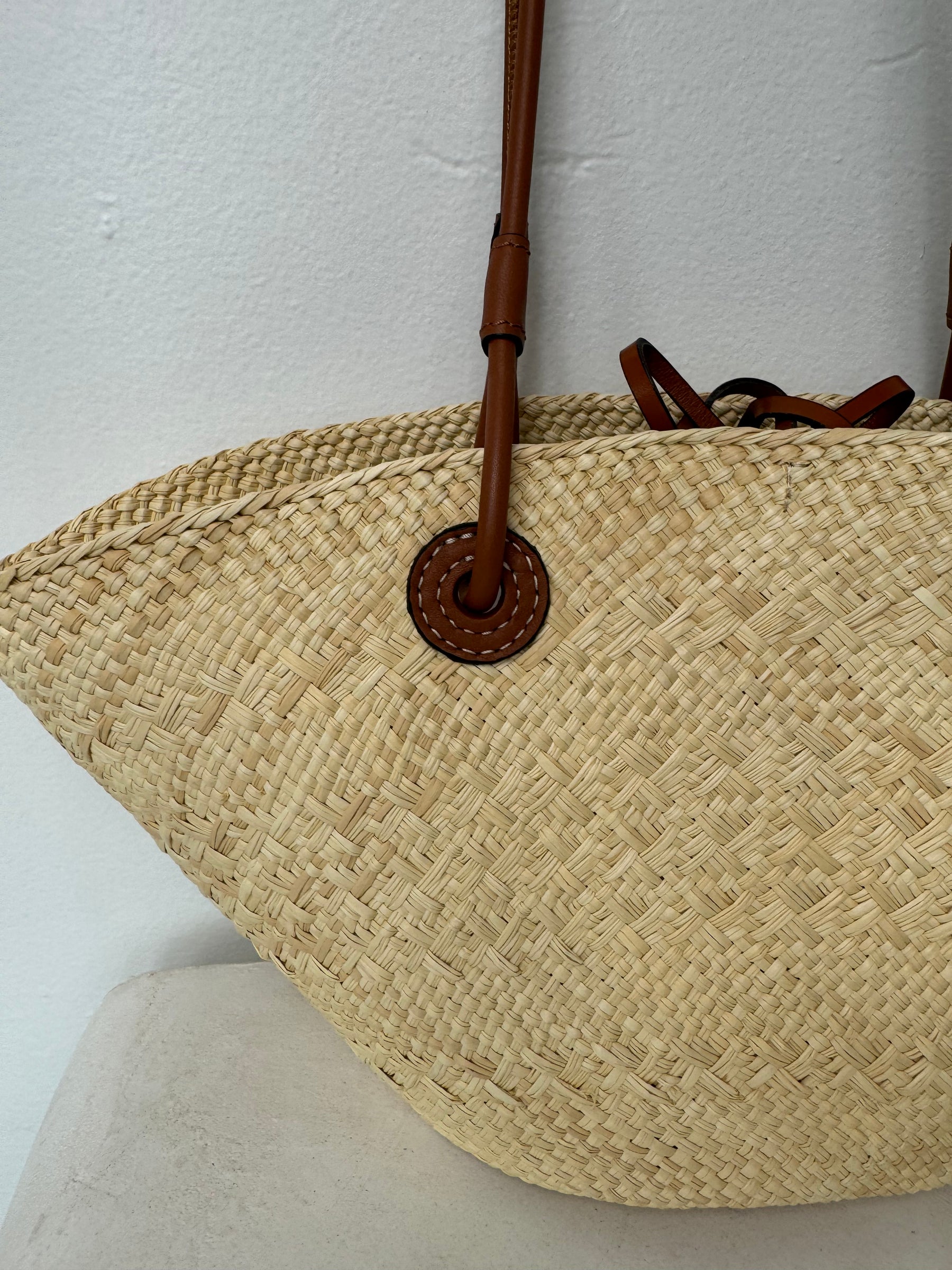 Loewe Paula's Ibiza Anagram Small Leather Trimmed Woven Raffia Tote