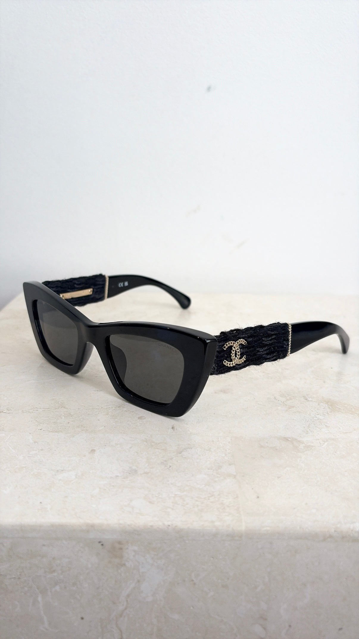 Chanel Black Cat Eye Tweed Logo Arm Sunglasses