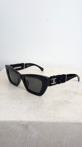 Chanel Black Cat Eye Tweed Logo Arm Sunglasses