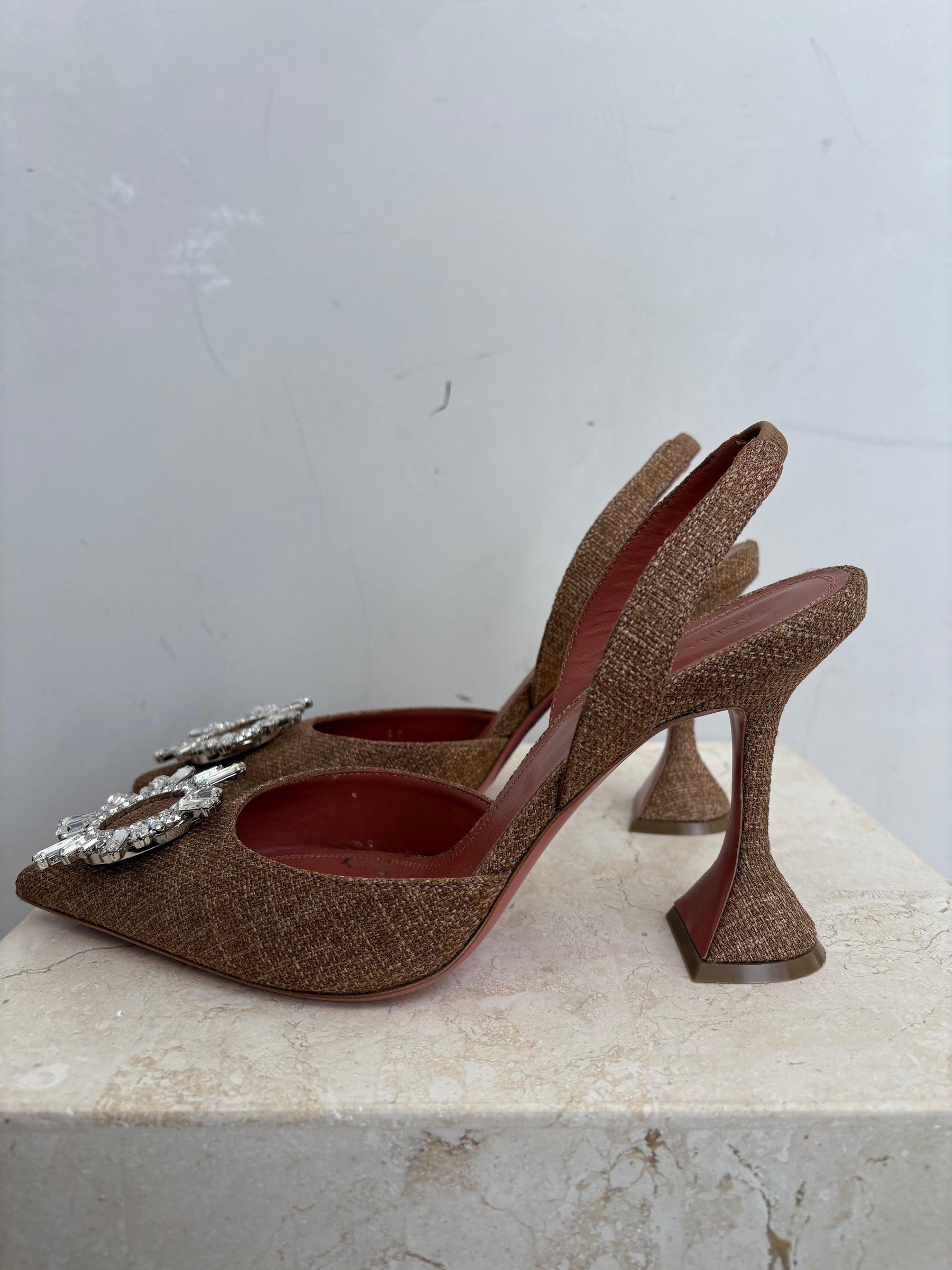 Amina Muaddi Brown Canvas Crystal Begum Slingback Pump, 39