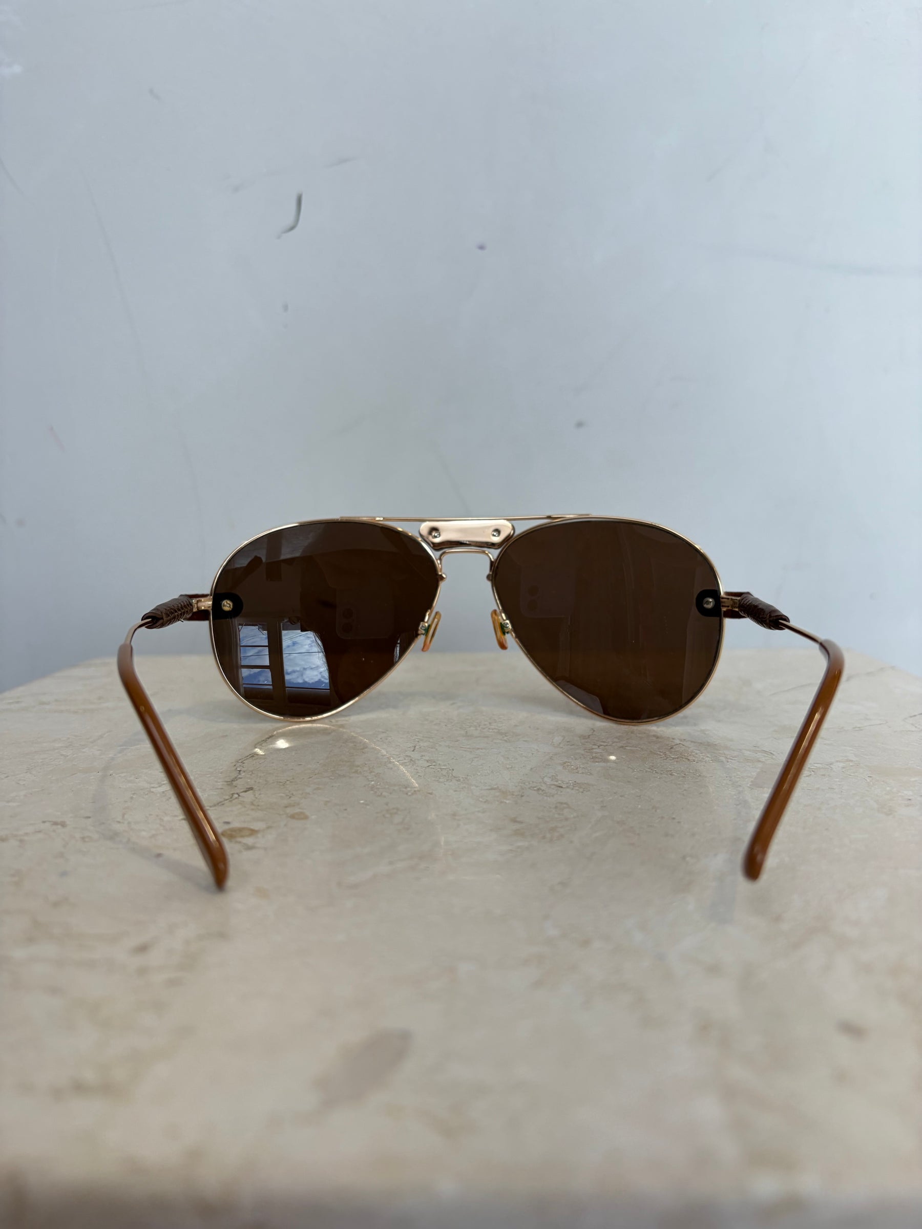 Chloé Gold and Leather Logo Arm Aviator Sungalsses