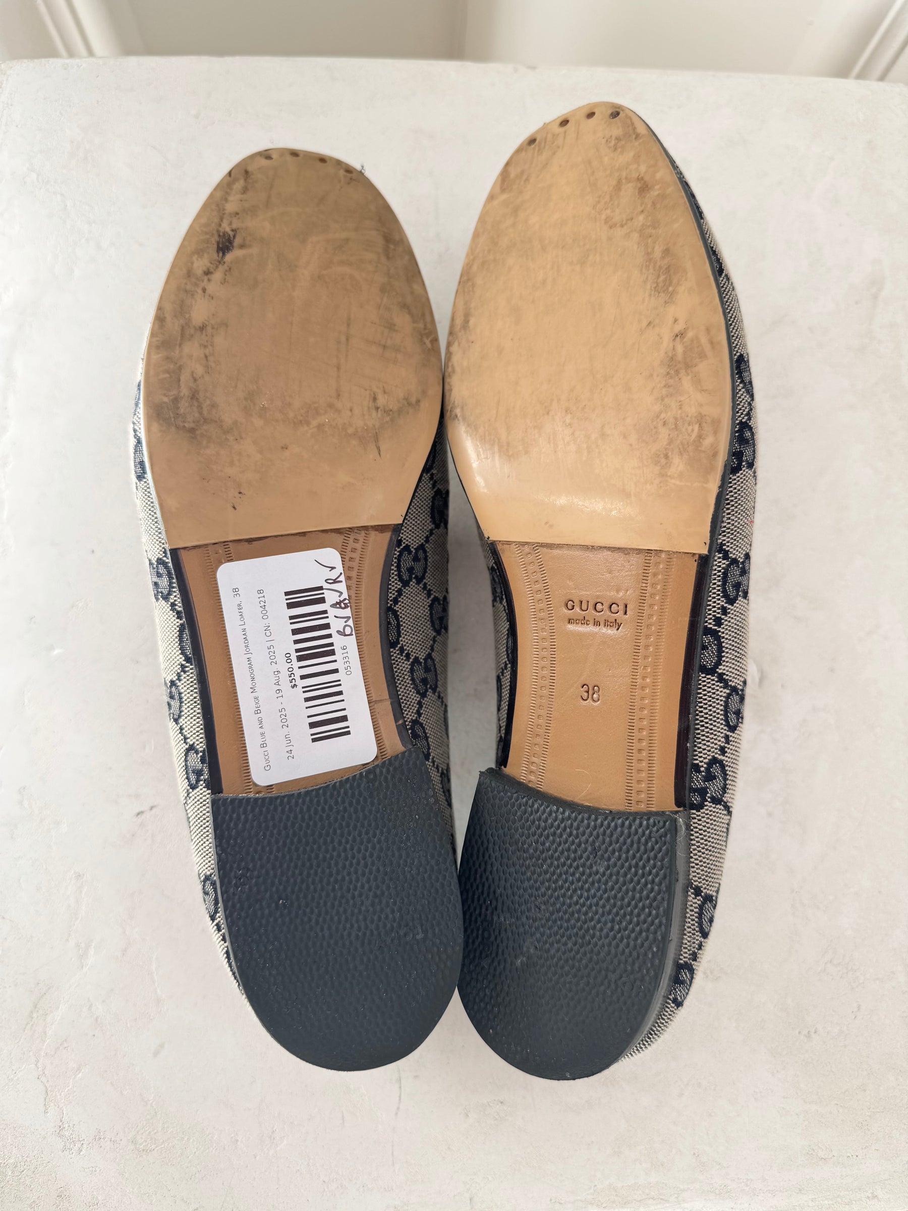 Gucci Blue and Beige Monogram Jordaan Loafer, 38