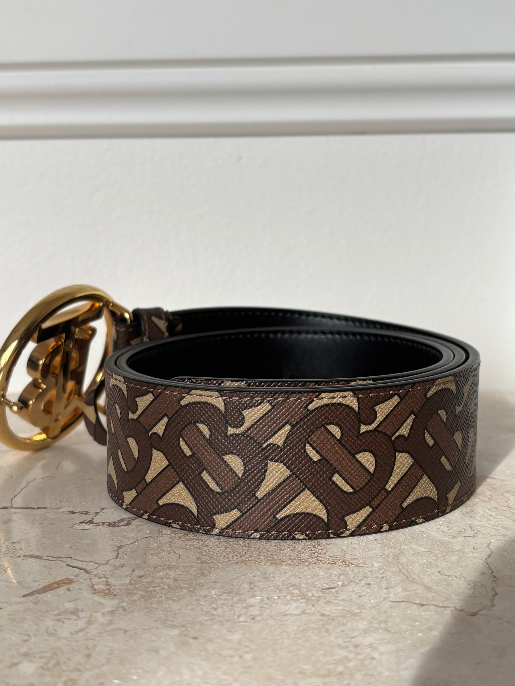 Burberrry Leather Logo Belt Gold Hardware Brown Monogram, M
