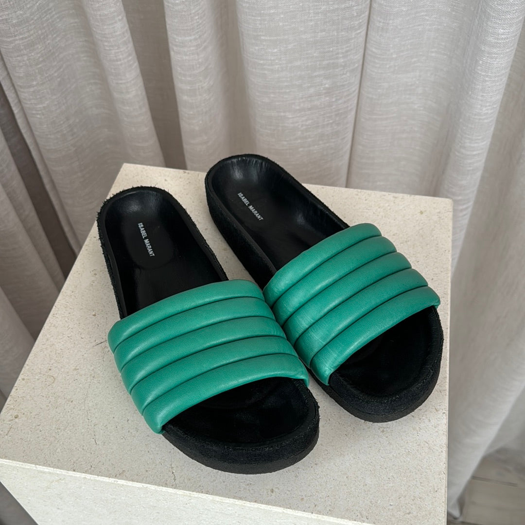Isabel Marant Hellea Leather Padded Slides Green, 39