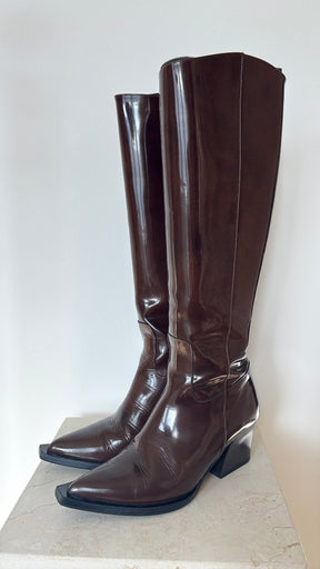 Tibi Brown Patent Leather Point Thigh High Boots, 37.5