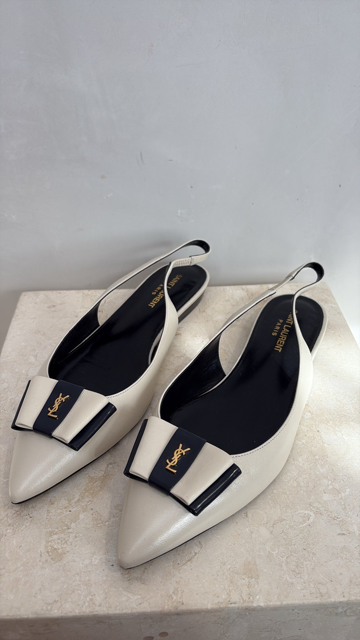 Saint Laurent Ecru and Navy Leather Pointed Logo Slingback Flats, 40
